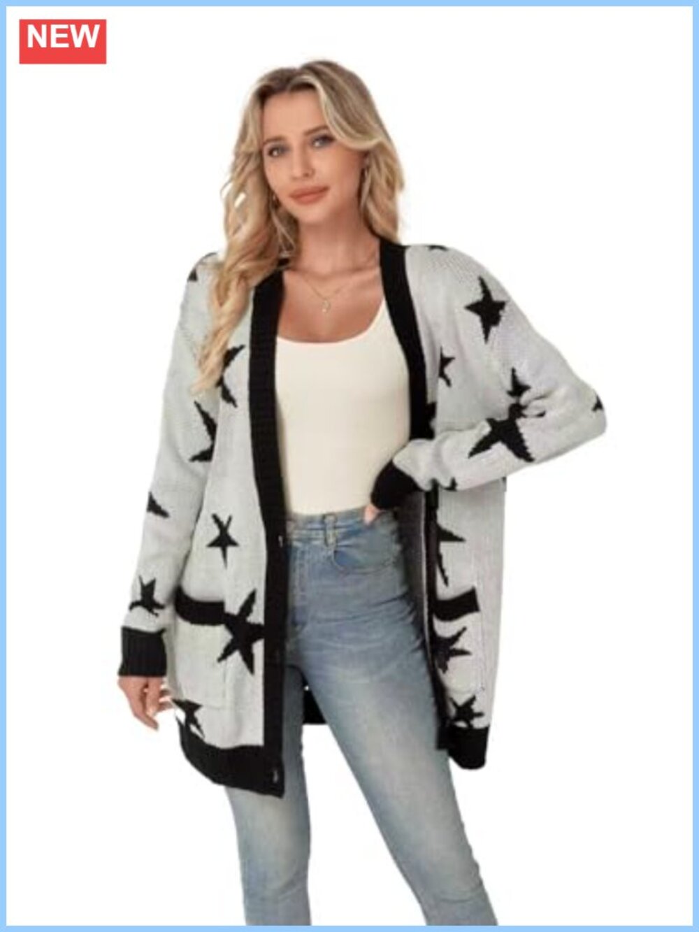 Acrylic Open Front Cardigan Star Bow Button Down